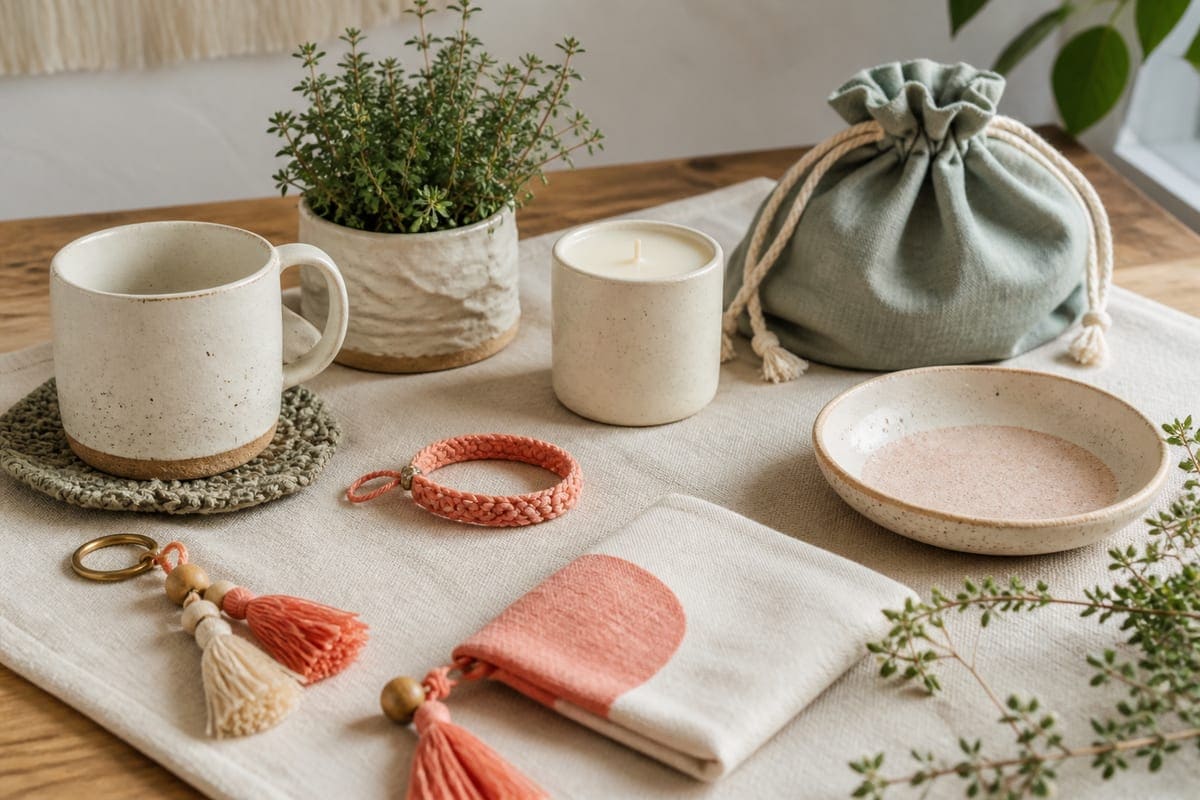 Handmade artisan gifts with a ceramic mug, woven bracelet, potted herb, unlabeled candle, linen pouch, and natural textures for Top 10 Gift Ideas You Cant Find On Amazon.