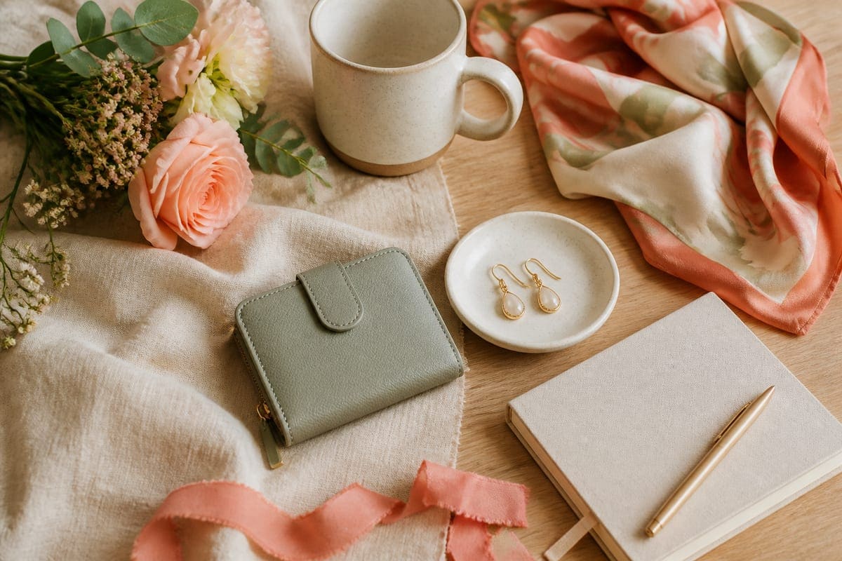 Elegant personal accessories arranged with flowers and soft fabric for Top 10 Gifts for Your Girlfriend.