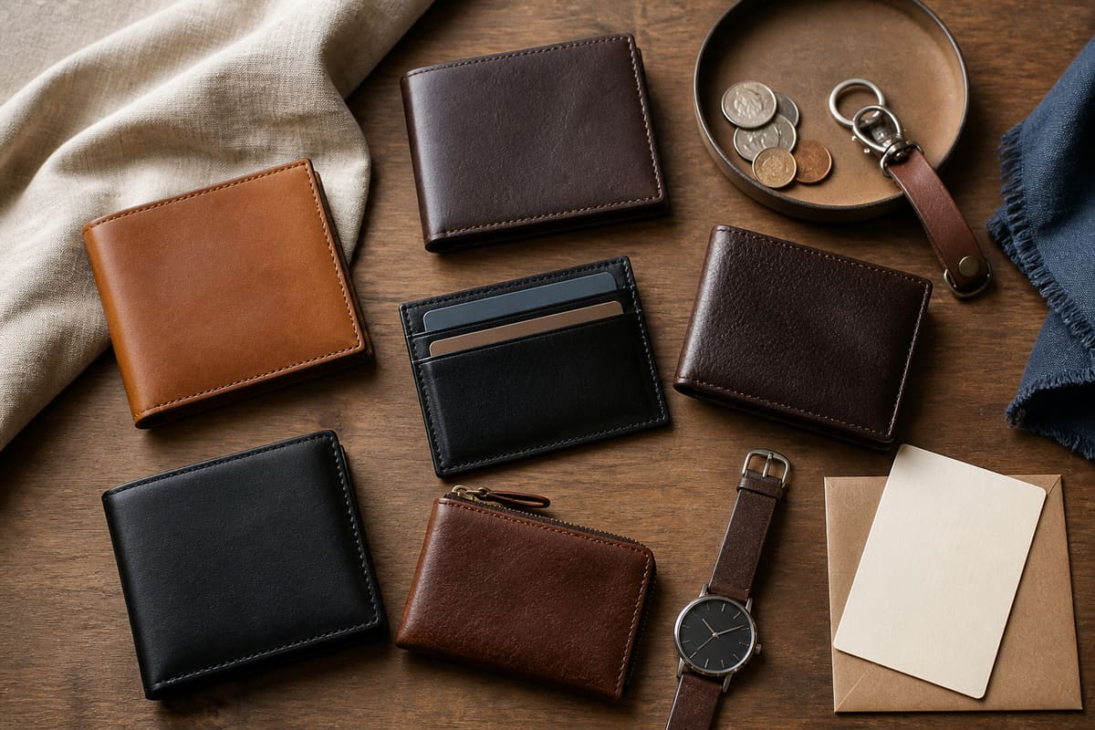 Men's wallet gift flat lay with leather bifold wallets, slim card holder, coin tray, keys, watch, and blank gift note.