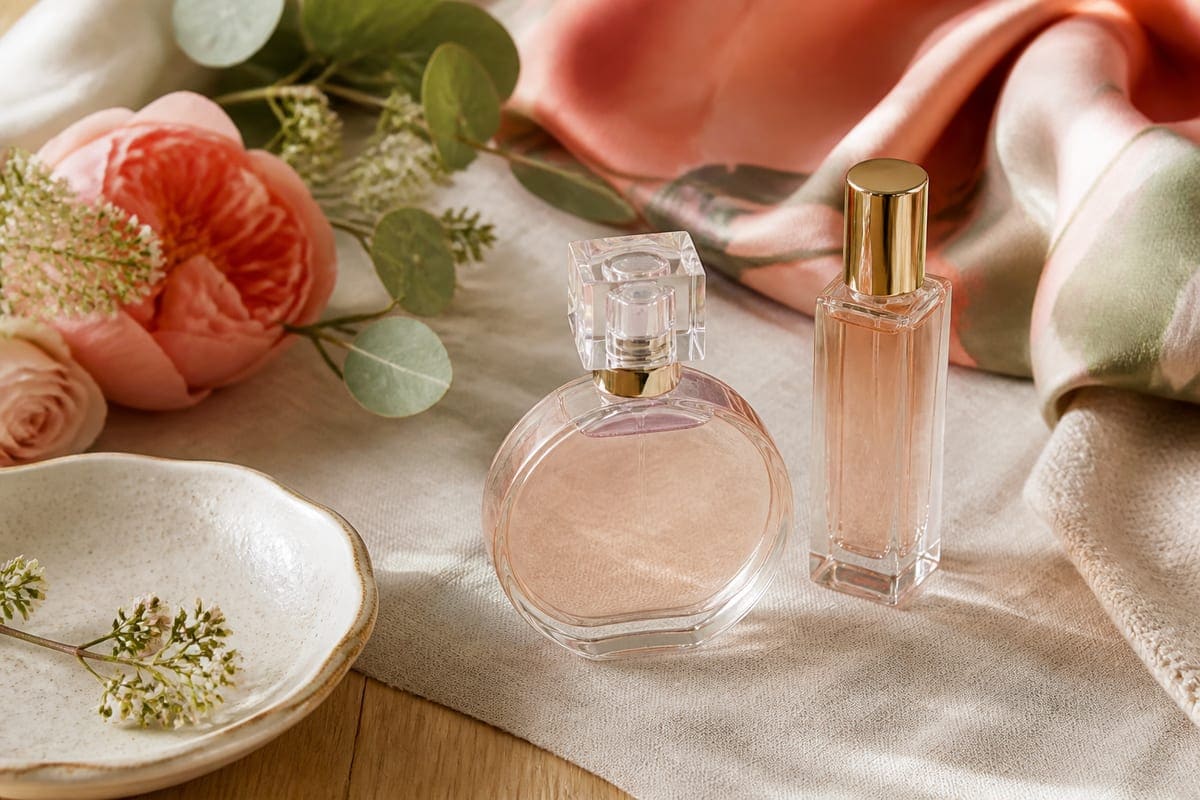 Minimal perfume bottles without labels beside flowers and soft fabric for Top 15 Perfumes to Gift to Your Girlfriend.