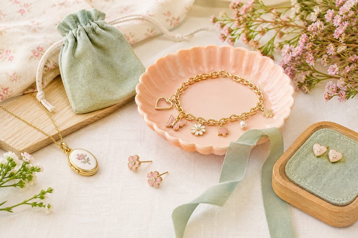 Age-appropriate jewelry with a charm bracelet, small stud earrings, locket, pastel jewelry tray, ribbon, and tiny flowers for Top 5 Girls Jewelry Gifts.