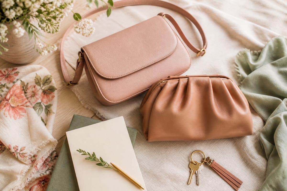 Unbranded handbags and purses arranged with a small notebook, keys, scarf, and folded fabric for Top 5 Handbag Gifts for Your Girlfriend.