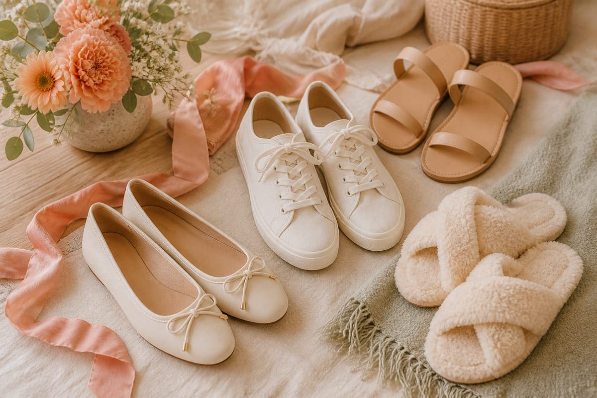 Women’s footwear gift edit with flats, sneakers, sandals, and cozy slippers, all unbranded and arranged on warm linen for Top 5 Shoe Gifts For Your Girlfriend.