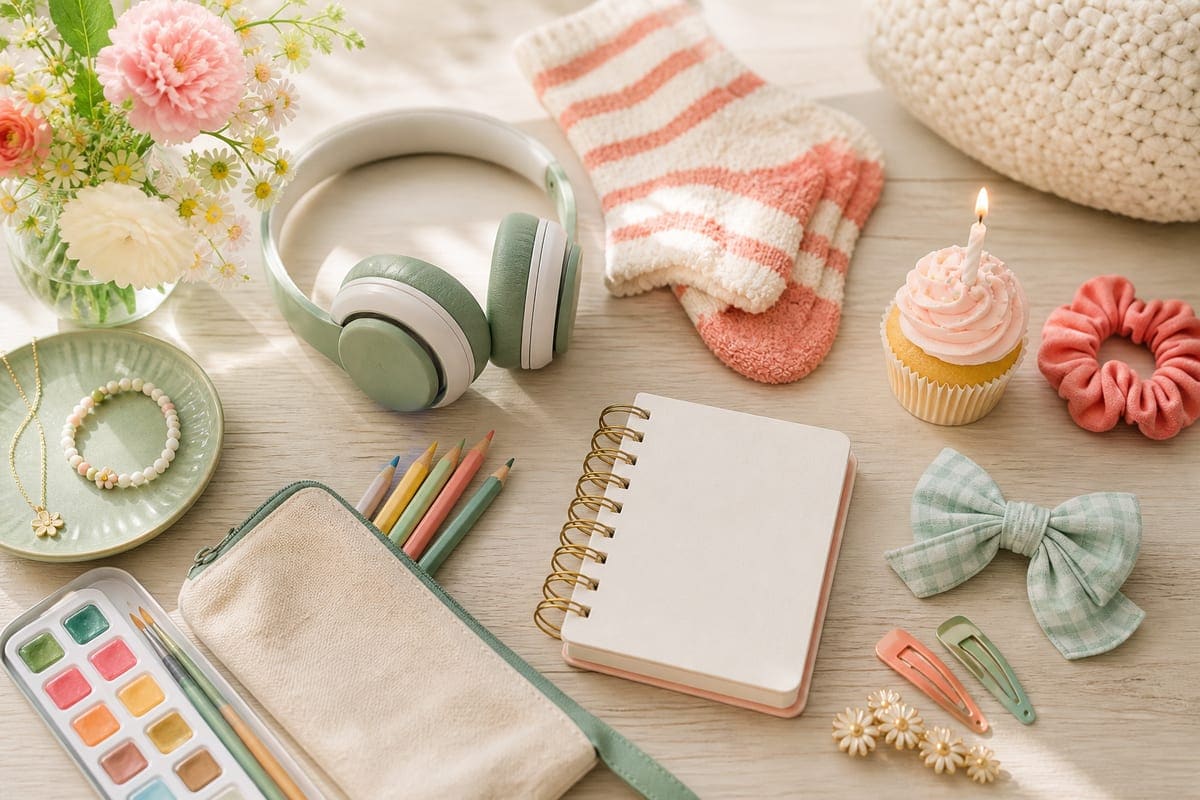 A cheerful birthday gift-guide scene with art supplies, headphones, cozy socks, a blank mini journal, hair accessories, and a cupcake candle for The Top 50 Birthday Gifts For Girls.