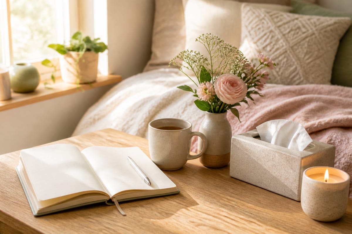 A calm emotional-support still life with a mood journal without text, tea, flowers, tissues, soft blanket, and warm light for Understand Girlfriends Swing Moods.