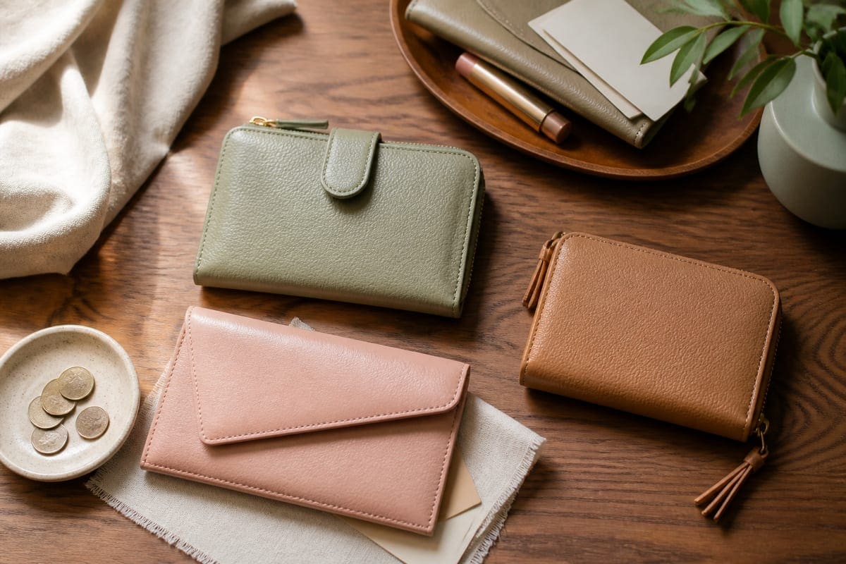 Several unbranded women’s wallets arranged with a coin dish, unlabeled lipstick, linen, and hidden blank cards for 10 Women Wallets Every Girl Needs.