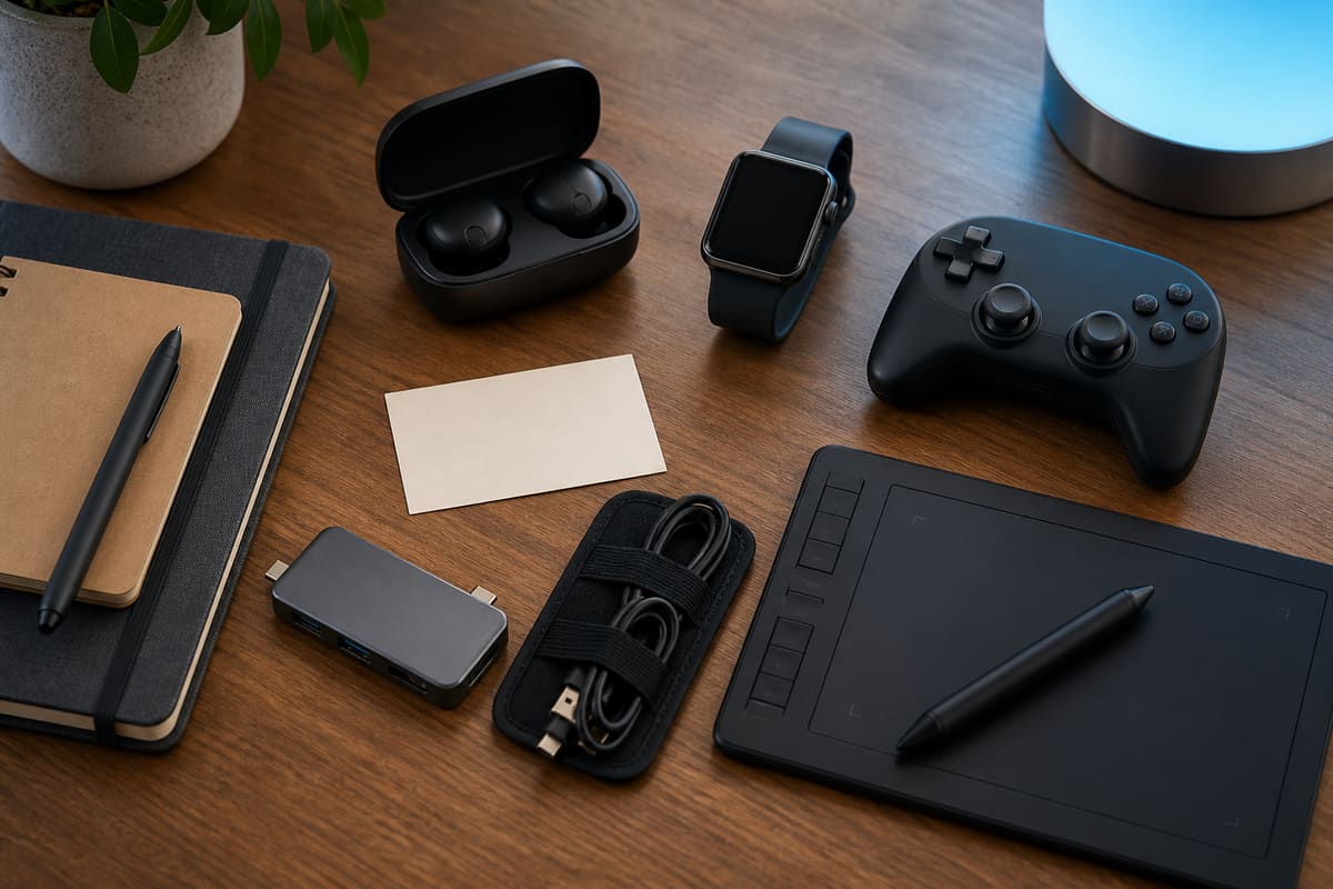 Neutral tech gift desk with wireless earbuds, smartwatch, game controller, graphics tablet, USB hub, cable organizer, and blank card.