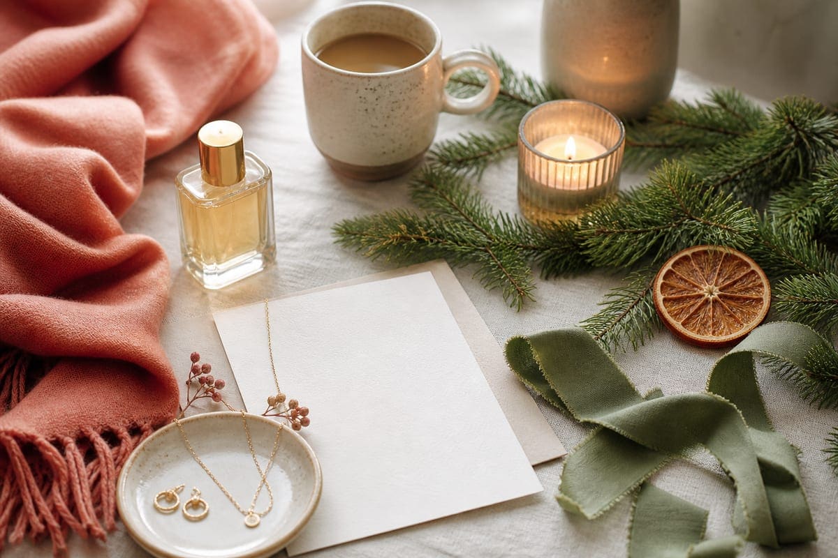 Occasion-themed thoughtful items arranged with flowers, stationery, and elegant wrapping details for What to Buy Your Girlfriend for Christmas This Year.