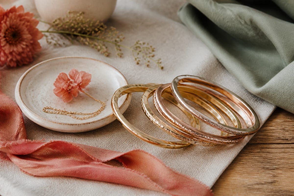 Stacked rigid bangles in mixed metals arranged beside a small keepsake dish and ribboned fabric for Why Bangles Should Be The Next Gift For Your Girlfriend.